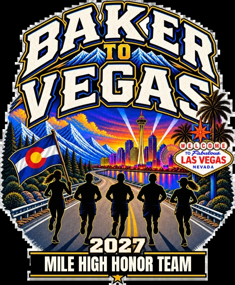 Team artwork: the Colorado Rockies and state flag on the left, a highway running into the neon Las Vegas skyline, five runners in silhouette, and a 2027 banner.