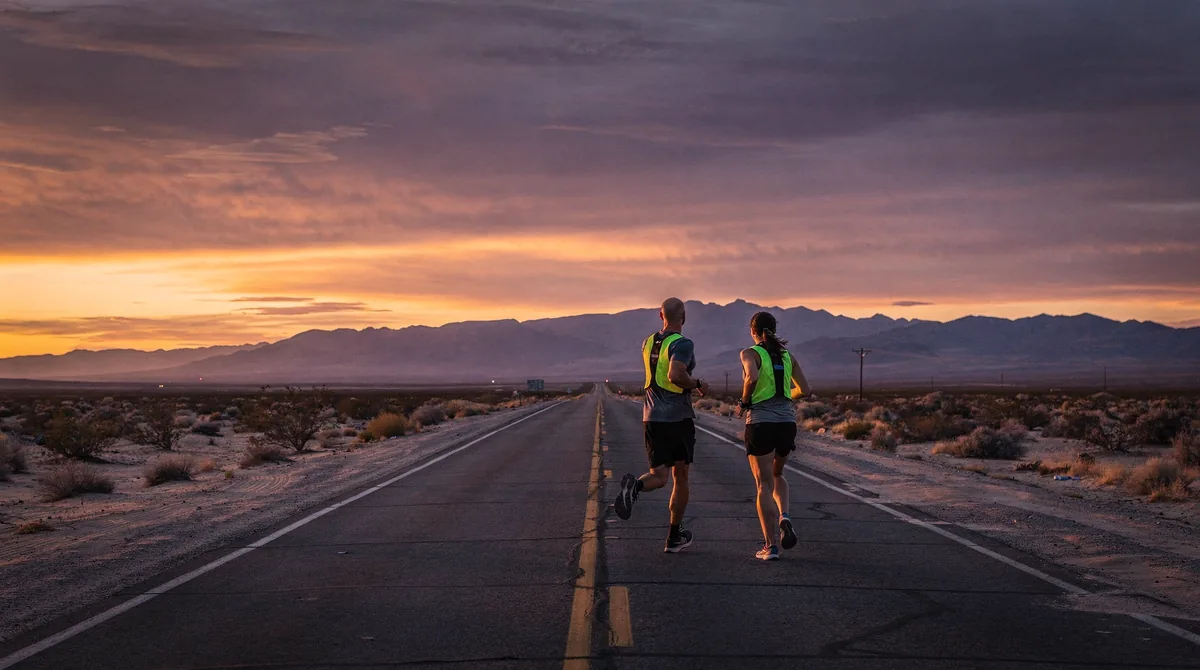 Two runners side by side on the highway at dusk, the desert sky orange behind them.