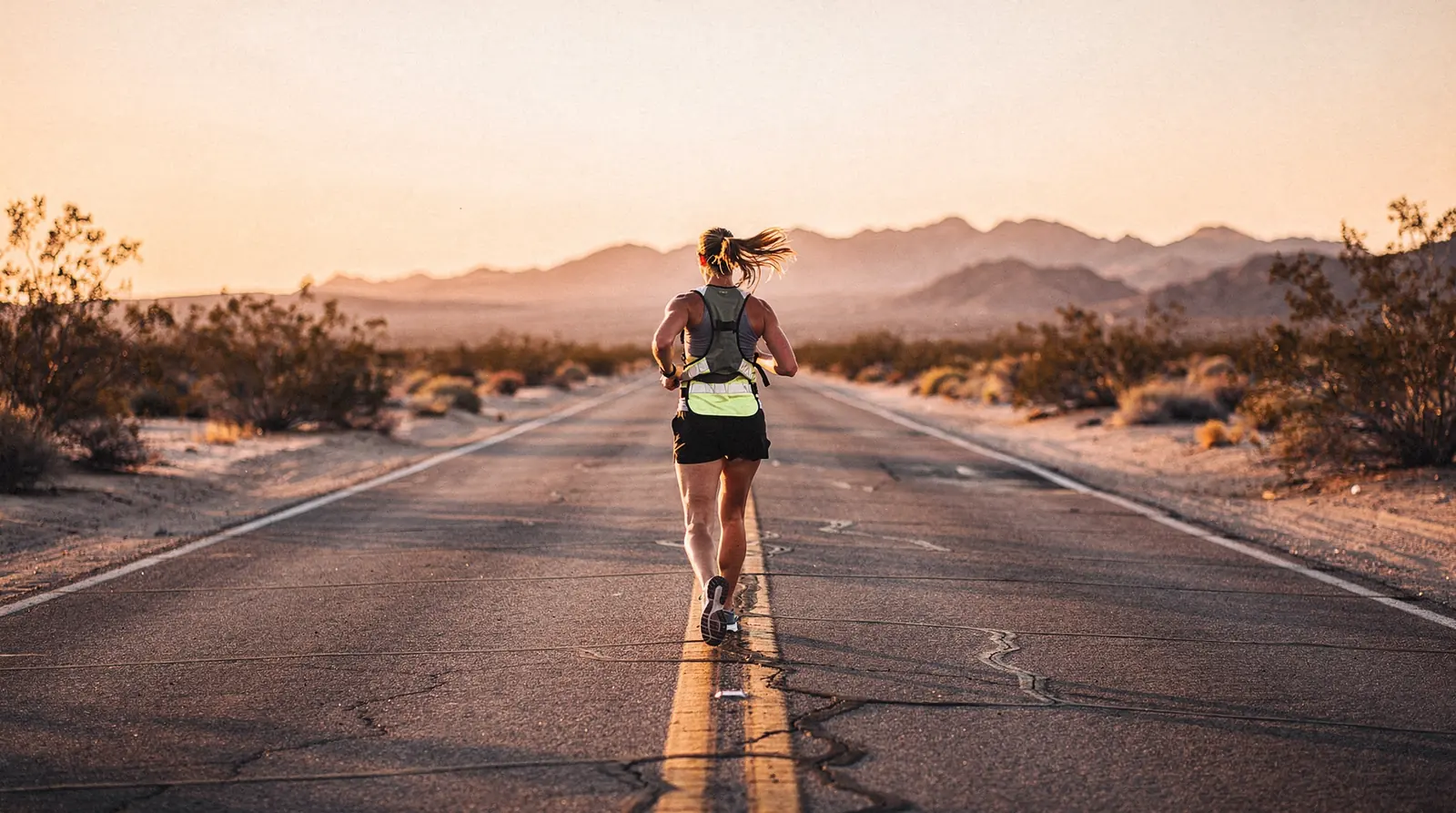 A runner on an empty two-lane desert highway at sunrise, mountains on the horizon.